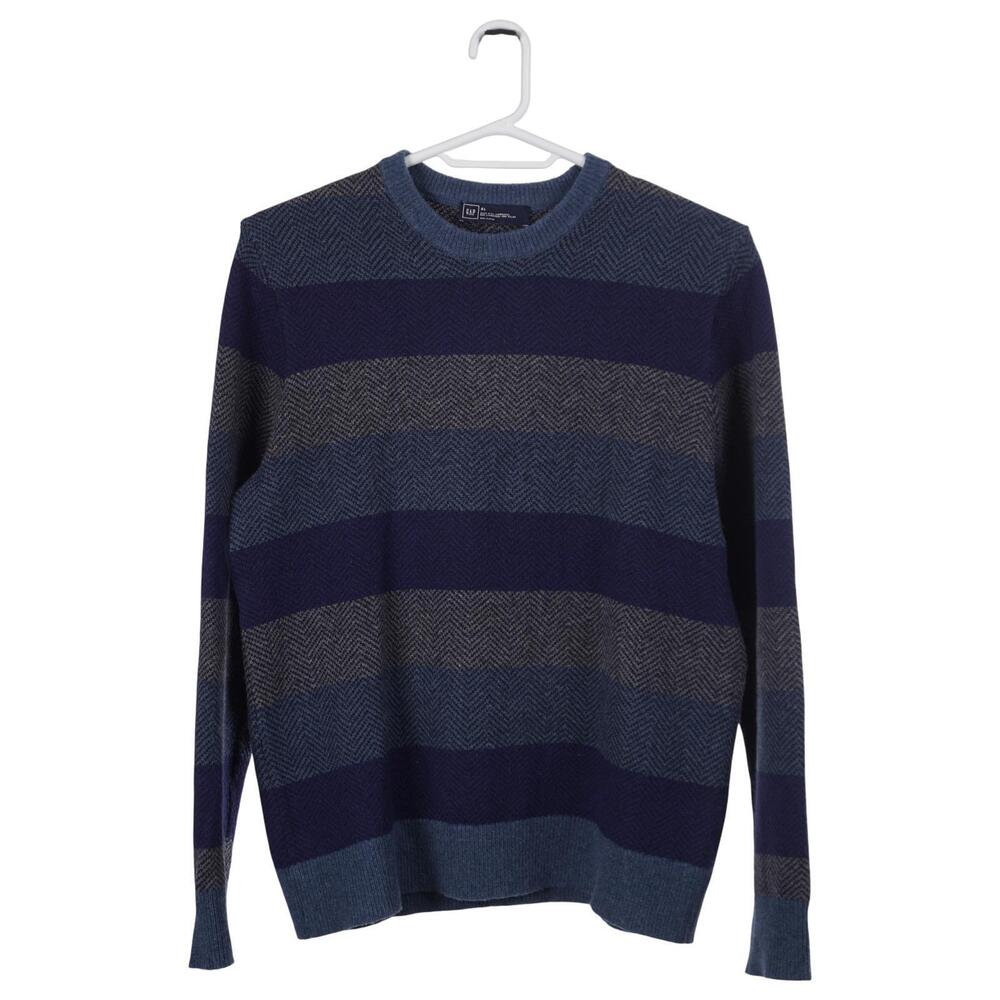 GAP Lambswool Sweater Men XL Blue Gray Chevron Striped Crew Neck Pullover Knit